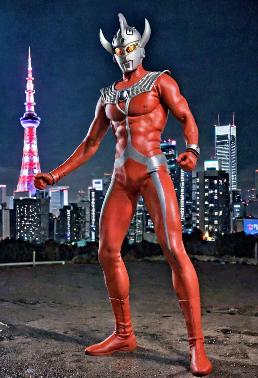 Ultraman Taro,Tokyo cityscape,Midnight,dark,neon,A giant as tall as a building、Fighting Pose,slim,Muscular,silver helmet,Long limbs,Weapon,Gorgeous Body,Incitement,4K,Photorealistic,Portrait,male focus,highres,clear,silver line on red rubber bodysuit,