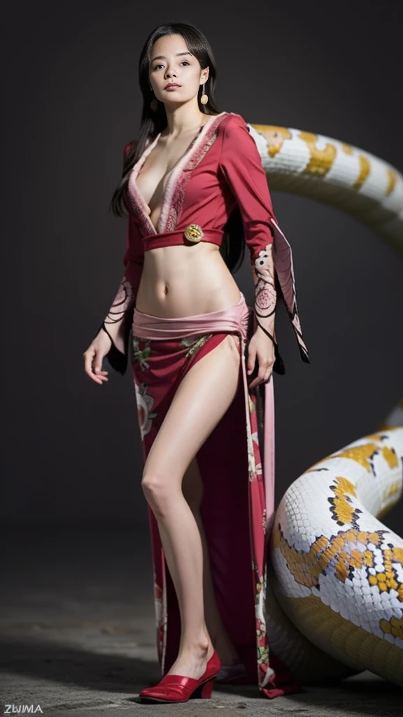 Moisturized skin, (Pink and bright eyes), (Looking down on people), Perfect body,
BREAK,
(Black grass tattoo on body),
BREAK,
(Beautiful navel), (Side slit), Epaulets, Cape, Crop top, Cloak,
BREAK,
(Super long hair)
BREAK,
(Realistic: 1.3), Ultra high resolution, (Dynamic angle: 1.4), (Highly detailed: 1.2), (Full body: 1.2), Symmetrical, One shot,
BREAK,
(Japanese city streets: 1.3),
BREAK,
(Anime ONE PIECE: 1.4), (Hirose Suzu: 1.3), (Boa Hancock: 1.3), ((Giant snake)),