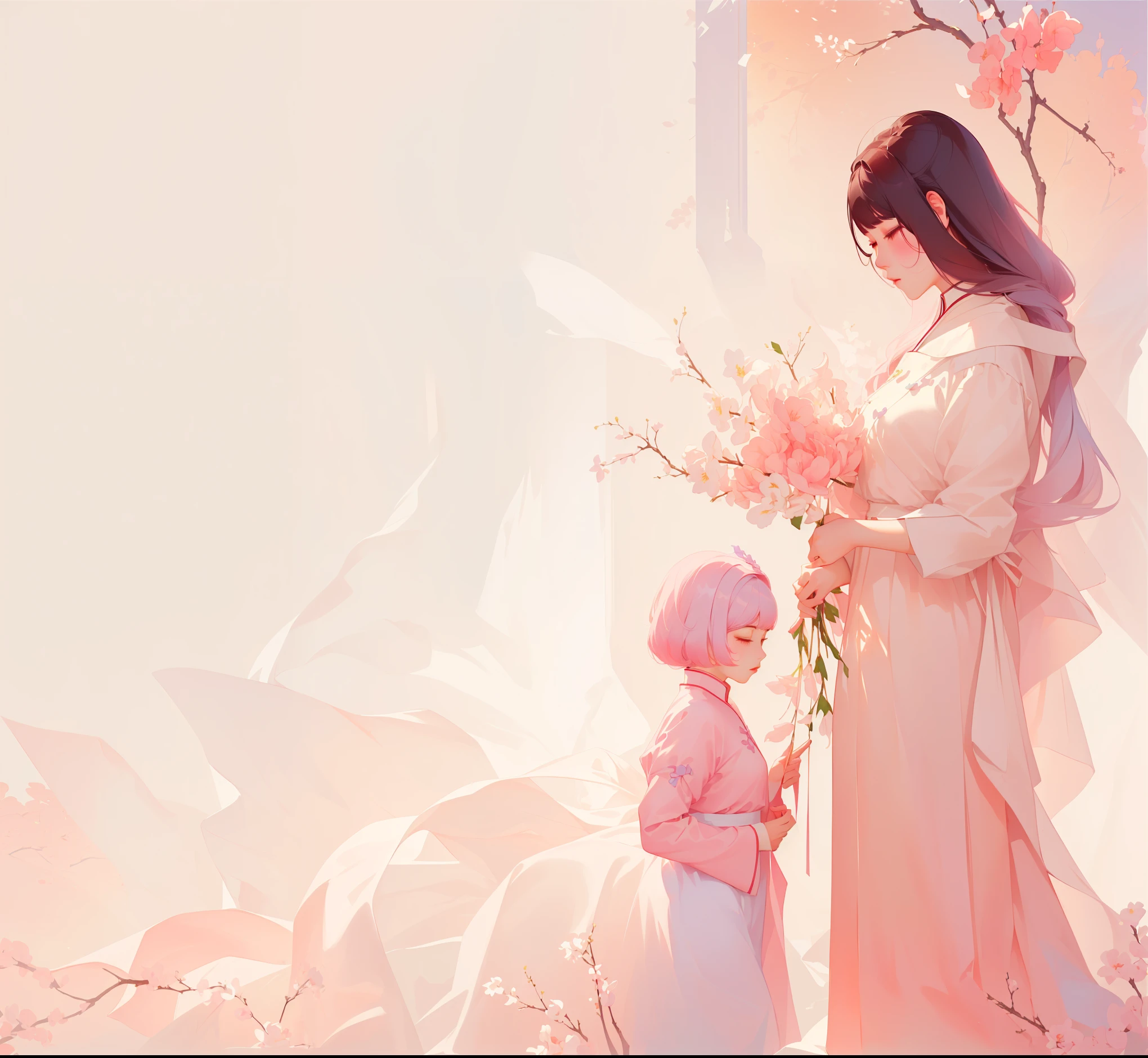 (masterpiece, top quality, best quality, Extremely detailed details, official art, Light Effect, Beauty and aesthetics: 1.2,)Painting of a mother and her daughter among flowers, inspired author Hsiao-Ron Cheng, inspired by Yanjun Cheng, guweiz style artwork, Pastel style, Elegant Numbers, yanjun chengt, by Yanjun Cheng, author:Cold plum, author Hsiao-Ron Cheng, Beautiful digital illustrations