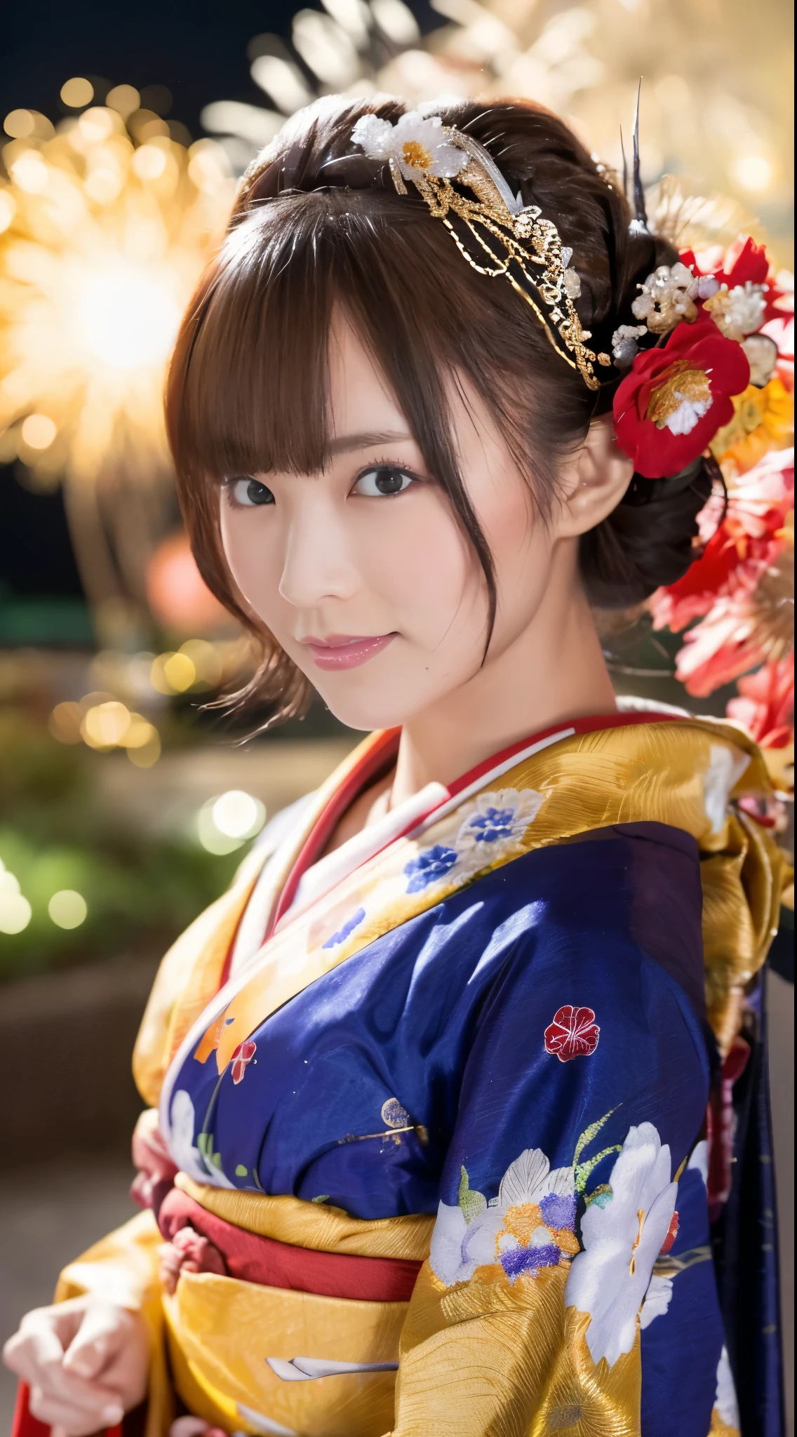 ((masterpiece(:1.4)，Highest quality，Ultra-high resolution，Highest quality，8k，Extremely detailed，In detail))。night，Fireworks display，Summer festival，Japanese，Oiran，Twelve-layered kimono，Hair tying，hair ornaments，hairpin，geta，A beautiful woman，Gorgeous and luxurious，(Fireworks displayのnightに河川敷で花火を背景にしたスナップ写真)，Hyper Quality