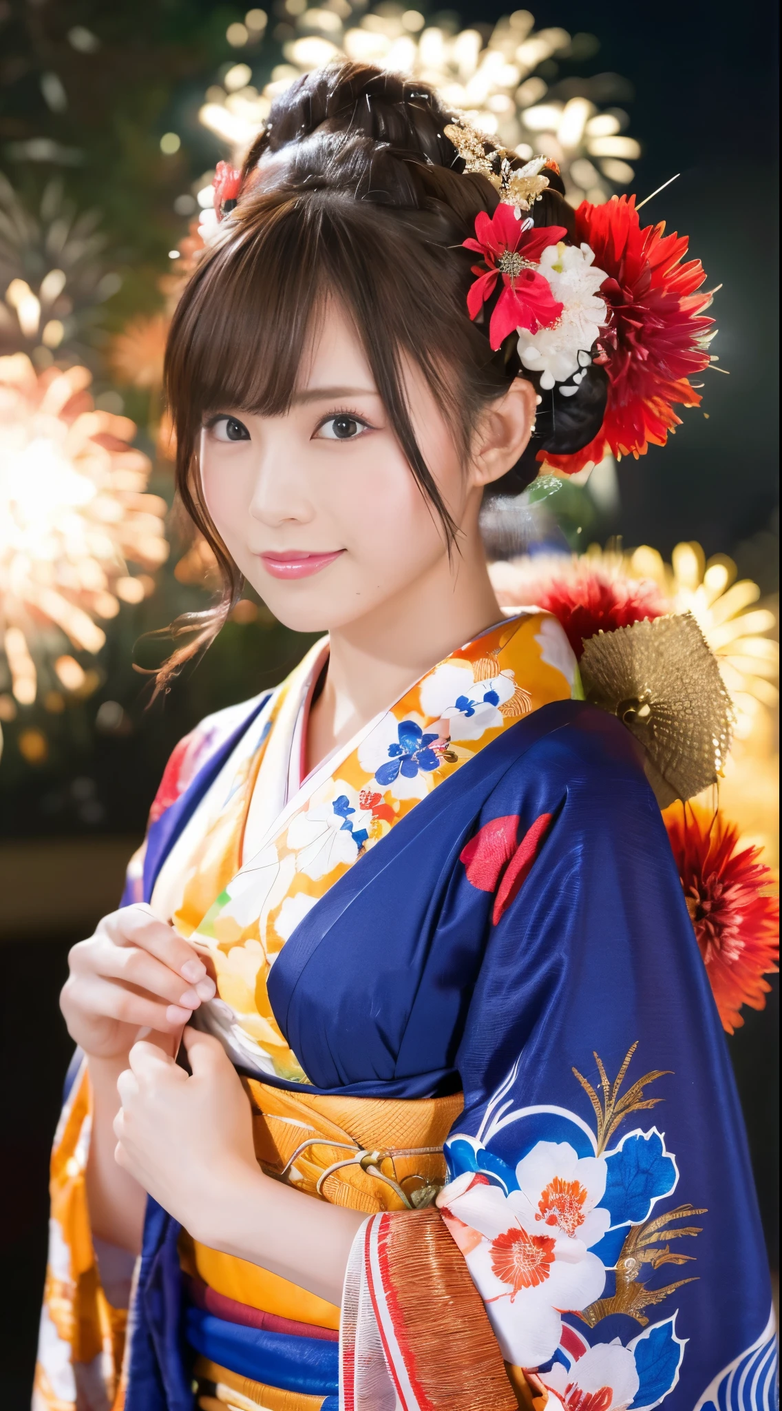 ((masterpiece(:1.4),Highest quality,Ultra-high resolution,Highest quality,8k,Extremely detailed,In detail))。night,Fireworks display,Summer festival,Japanese,Oiran,Twelve-layered kimono,Hair tying,hair ornaments,hairpin,geta,A beautiful woman,Gorgeous and luxurious,(Fireworks displayのnightに河川敷で花火を背景にしたスナップ写真),Hyper Quality