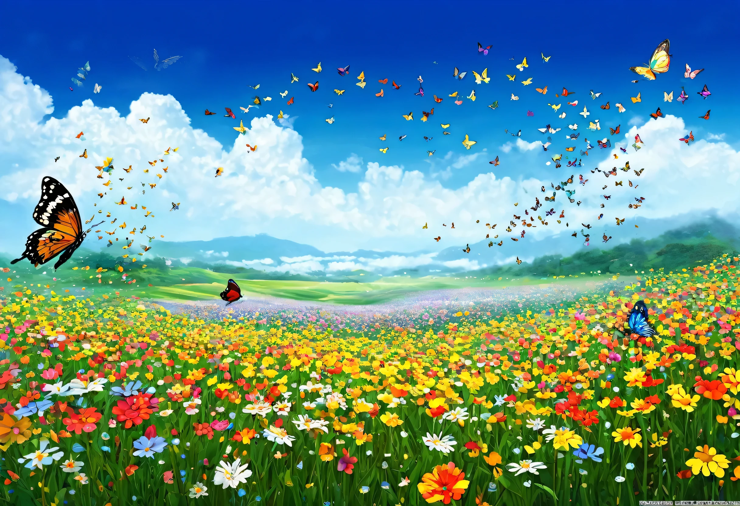 Butterflies and flowers in the field with the sky in the background, Flowers and butterflies, Jan J, Ju Lian, Butterfly Harmony, by Chen Chun, Written by Shen Zhe and Cai, Written by Liao Zhichun, Butterflies and birds, Beautiful gorgeous digital art, Hungry Ghost Festival, Beautiful colorful, by Pu Hua, Beautiful art