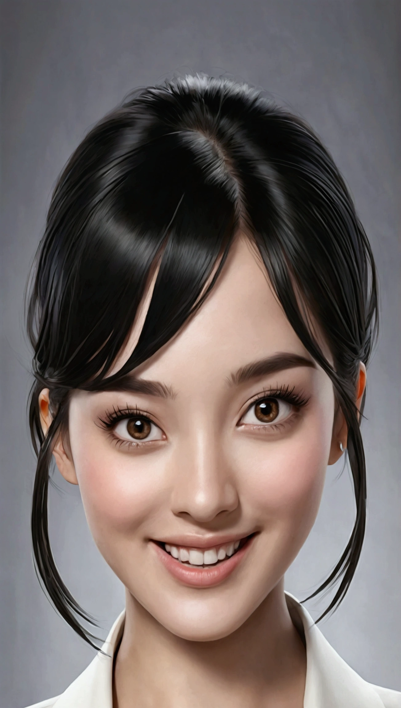 Create a highly realistic portrait of a young girl from the waist up, standing confidently on a bustling city street. She should be facing forward with a radiant, warm smile that conveys approachability and cheerfulness. Her large, expressive brown eyes should exude warmth, and her fair, smooth skin should be flawlessly enhanced with a subtle touch of natural makeup.
Her face is round and well-defined, featuring a light foundation that highlights her flawless complexion. A hint of blush adds a natural flush to her cheeks, and her lip color should be understated yet complementary, enhancing her youthful charm. Her black hair is styled in a sleek, straight bob with slight inward curves at the ends, creating a modern and chic look that frames her face beautifully. Her well-groomed, slightly arched eyebrows should accentuate her expressive eyes.
She should have a cute and cheerful expression with a wide, radiant smile that emphasizes her joyful demeanor. A slight sparkle in her eyes adds to her vivacity. The background should feature blurred city buildings and people, emphasizing the urban setting.
Dress her in a stylish, tailored blue blazer that fits her perfectly, highlighting her shoulders and giving her a professional appearance. Underneath the blazer, she wears a crisp white blouse with a subtle V-neckline, adding elegance and sophistication. The blouse should be neatly tucked in, and the blazer’s sleeves should be slightly rolled up to reveal a delicate silver bracelet on her right wrist.
The lighting should cast a soft glow on her face, creating subtle shadows that add depth and dimension to the image. The overall atmosphere should be modern and vibrant, capturing the essence of a successful young woman in a dynamic city environment. Ensure that the girl's face, hair, and cheerful expression closely match this description to achieve the desired realistic and engaging look