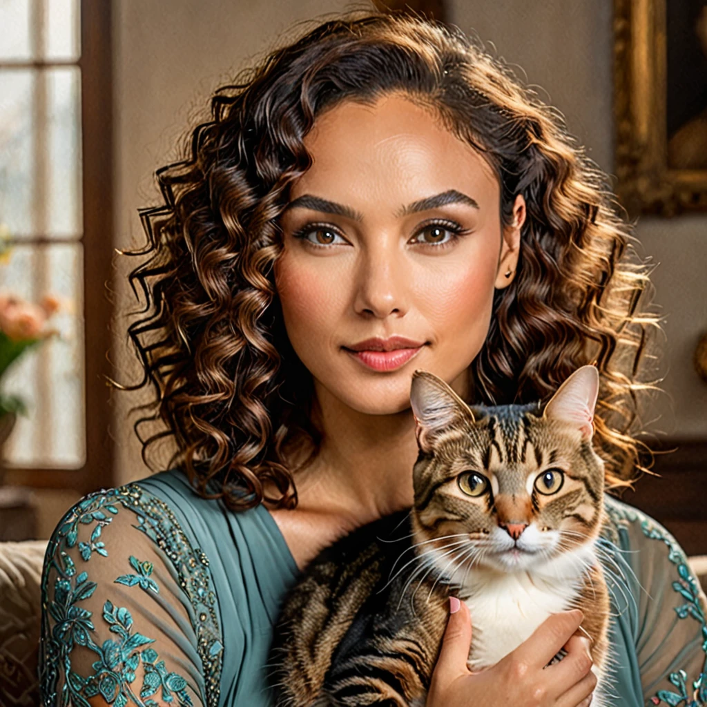 skswoman, a beautiful europian light skin mature, curly hair, 22 years, with a cute cat, detailed eyes, detailed lips, long eyelashes, intricate hair, Beautiful detailed portrait, Very detailed, 8k, photorealistic, professional digital painting, warm color palette, soft lighting, serene expression, delicate features, ELEGANT DRESS, sitting in a cozy interior, pet cat on your lap, feline companion, Dramatic lighting, impressive realism
