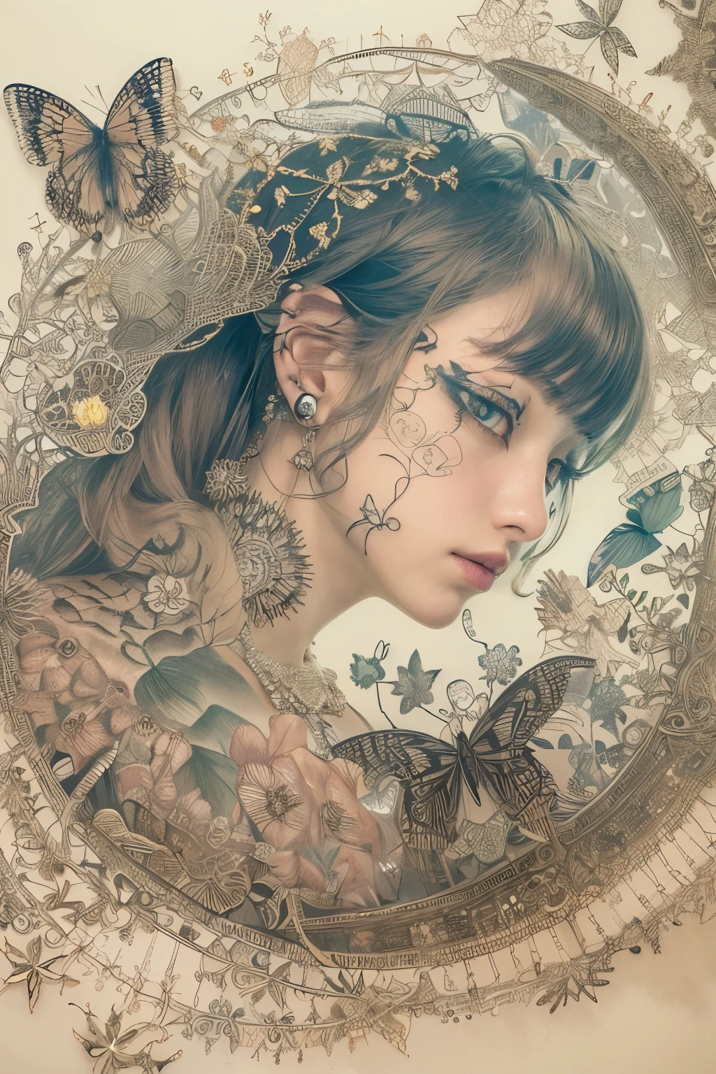 ((((masterpiece))), tattoo、Highest quality, An illustration, Beautiful details shine,
paper_cut, The details of a fragile girl&#39;s face captured on camera, wood, moon, butterfly,Wind、star、spider、Ladybug