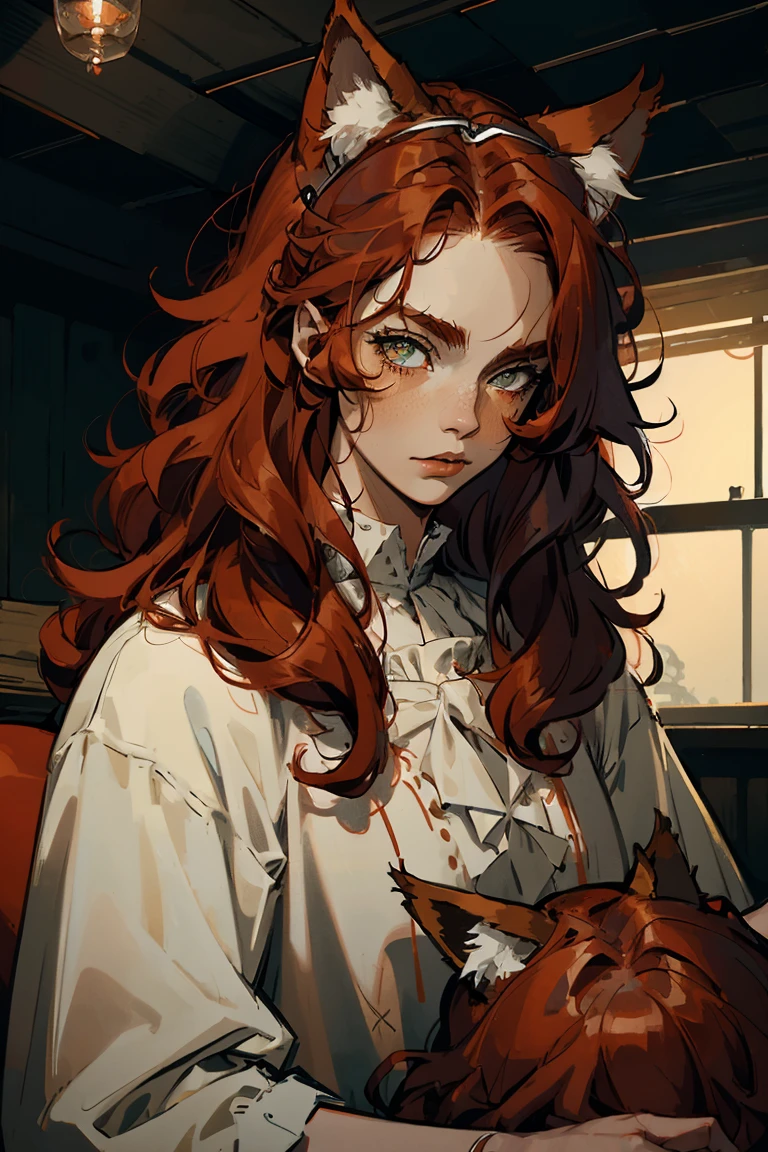 1 boy, upper body, long red fluffy hair, ((red cat ears)), ears covered with hair, green eyes, long eyelashes, beautiful detailed eyes, White shirt, pirate setting, maritime atmosphere, (red cat tail), soft light, beautiful detailed nose, 8 K, masterpiece, I look at the viewer