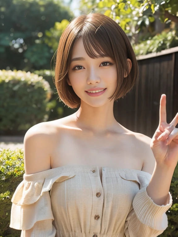 Smiling girl, (1 female), Short Bob Hair, 28 years old, Japanese, Brown eyes, Brown Hair, Slim figure, Medium chest, 
Off-the-shoulder dress,garden,peace sign