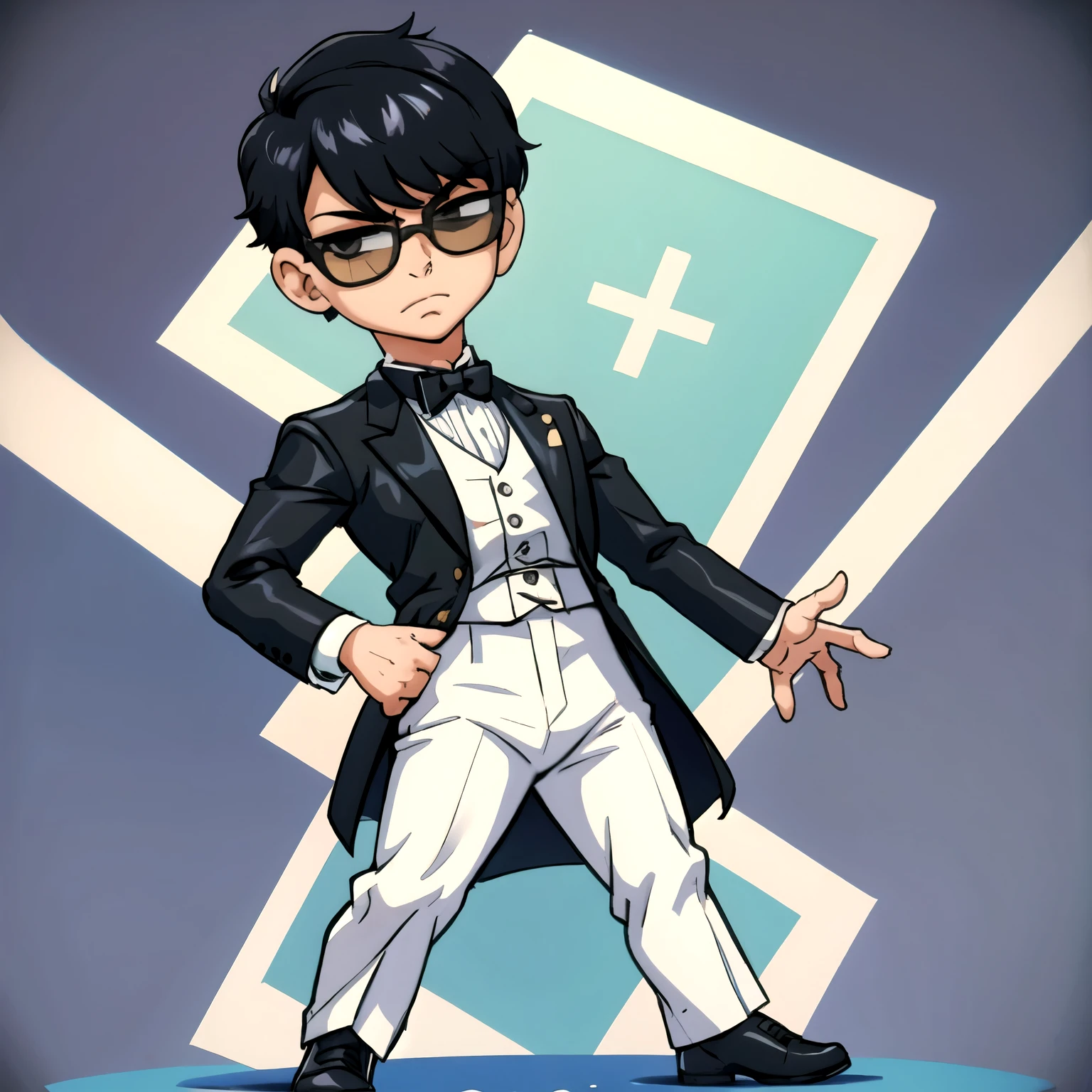 (chibi:1.4),full body standing,Kind Face,undercut hair,A handsome man with black hair wearing sunglasses、I would like an illustration of someone wearing a tuxedo.。

