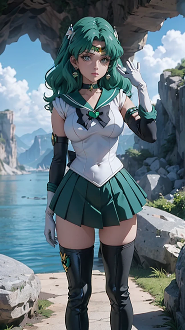 (La best quality,high resolution,Ultra Detailed,Practical),Grande Ariana,1 Girl, Sailor Neptune, (Sailor warrior:1.4), Dark green hair, Medium Hair, Begging for a skirt, earrings, (White Elbow Gloves:1.4), Jewel-like, Medium chest, Dynamic Background, Dynamic poses, High heel,More detailed 8K.Unreal Engine:1.4,Ultra HD,La best quality:1.4, lifelike:1.4, Texture:1.4, masterpiece:1.8,First job, best quality,Object Object], (Facial features are detailed:1.3),(Detailed hands),(Cave stone big black:1.7),(White over the knee boots: 1.4), Collar, (White gloves:1.4), Collar verde, Elbow Groves, Jewel-like, earrings, Green skirt, Green hair,(Cave background big rocks:1.4),(Sailor Neptune:1.4),(Half Body:1.4) ,(Detailed hands:1.4 ), ,( Cyberpunk 2.1),( Beautiful green eyes ), (Ocean Art 2.1)