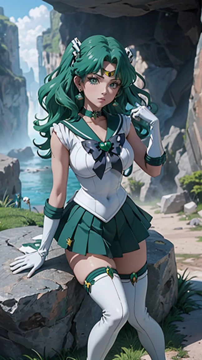 (La best quality,high resolution,Ultra Detailed,Practical),Grande Ariana,1 Girl, Sailor Neptune, (Sailor warrior:1.4), Dark green hair, Medium Hair, Begging for a skirt, earrings, (White Elbow Gloves:1.4), Jewel-like, Medium chest, Dynamic Background, Dynamic poses, High heel,More detailed 8K.Unreal Engine:1.4,Ultra HD,La best quality:1.4, lifelike:1.4, Texture:1.4, masterpiece:1.8,First job, best quality,Object Object], (Facial features are detailed:1.3),(Detailed hands),(Cave stone big black:1.7),(White over the knee boots: 1.4), Collar, (White gloves:1.4), Collar verde, Elbow Groves, Jewel-like, earrings, Green skirt, Green hair,(Cave background big rocks:1.4),(Sailor Neptune:1.4),(Half Body:1.4) ,(Detailed hands:1.4 ), ,( Cyberpunk 2.1),( Beautiful green eyes ), (Ocean Art 2.1)