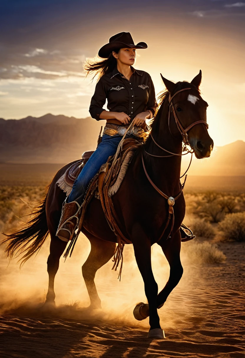 (horseに乗った西部のカウボーイ), Cowgirl, Cowboy hat, western drama、lasso, horse, sunset, desert, Action pose, Very detailed、Cinema Lighting,Dramatic Shadows,Vibrant colors,Dynamic configuration、(Highest quality,High resolution,masterpiece)