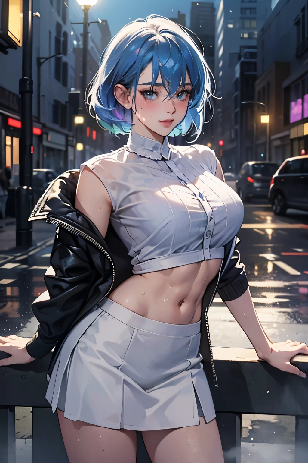 Leaning towards the viewer, highest quality, highest resolution, detailed depiction, delicate depiction, diverse lighting, model female body type, rainbow hair, cyberpunk edge liner, American casual, European  style, fashion, motion blur, anti-aliasing, photorealistic, ray tracing, London cityscape, detailed background, sweaty, sweat splashing, breast bulge, translucent white skin, twin cut, (skirt flip, white cotton underwear, skirt flip) beautiful thighs, chain, delicately drawn face, beautiful face, thin and thin eyebrows, round chin, see-through costume, big mouth, white shirt, gentle smile, blush, ahegao, strong shine, skin-transparent jacket, faithful depiction, rainbow costume, slim abs, rainbow eyes, highest quality, two shirt buttons undone, masterpiece, ultra A high resolution, photorealistic, highest quality, 8K, perfect body beauty, beautiful woman with slim abs,