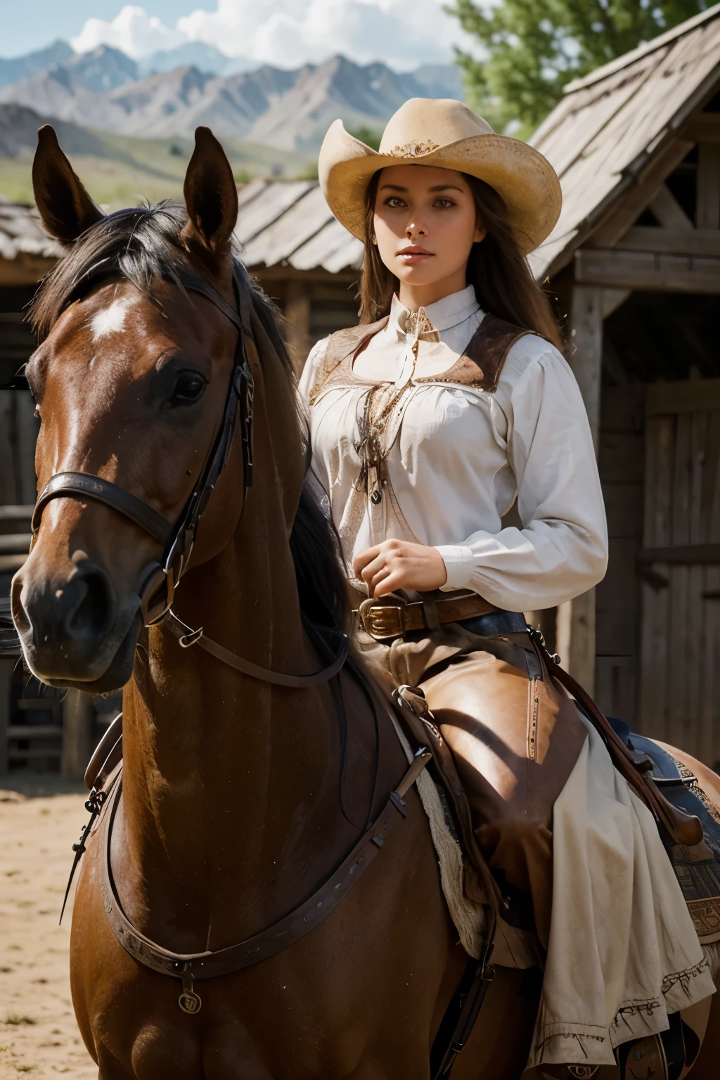 masterpiece, best quality, extremely detailed, hyperrealistic, photorealistic, a beautiful girl, riding a horse,ultra detailed face:1.1, medieval western cowboy village background 
