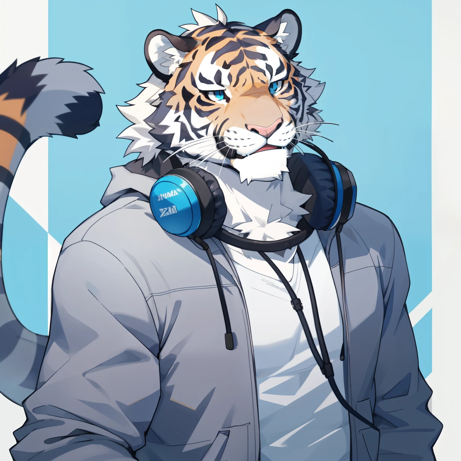 male, Furry tiger, Lovely, rich, Head only, rich, Solitary, Blue-grey fur,,Headphones hanging around neck,Casual Wear,Smile,Zoom in on facial details,
