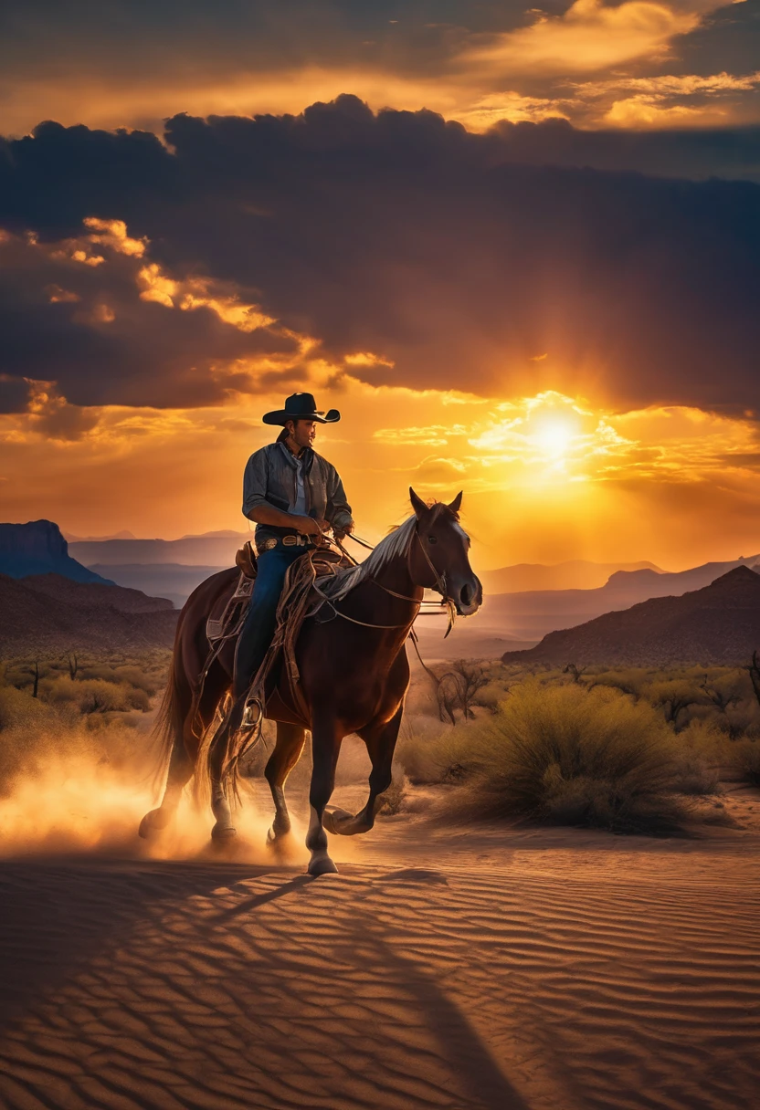 (horseに乗った西部のカウボーイ), Cowgirl, Cowboy hat, western drama、lasso, horse, sunset, desert, Action pose, Very detailed、Cinema Lighting,Dramatic Shadows,Vibrant colors,Dynamic configuration、(Highest quality,High resolution,masterpiece)