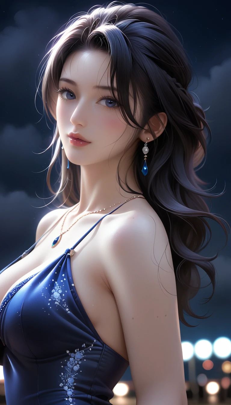 score_9, score_8_superior, score_7_superior, (Masterpieces with up to 16K resolution:1.5),Highest quality,it is really amazing,Very detailed,Ultra-high resolution,(Ultra-realistic:1.1),Realistic,Increased depth of field,Cinematic lighting,
(Elegant Japanese MILF:1.1),
Long black hair,(Ultra-detailed and beautiful faces:1.4),Translucent white skin,Very detailedな肌,
(Elegant swimwear:1.3),
Artistic design,Beautiful and detailed pattern,Detailed fabric texture,
Gorgeous necklace,Earrings,
(A pitch black night sky with dark clouds:1.5),
(A desolate and fantastical sandy beach:1.5)
(Dramatic Angle:1.3),