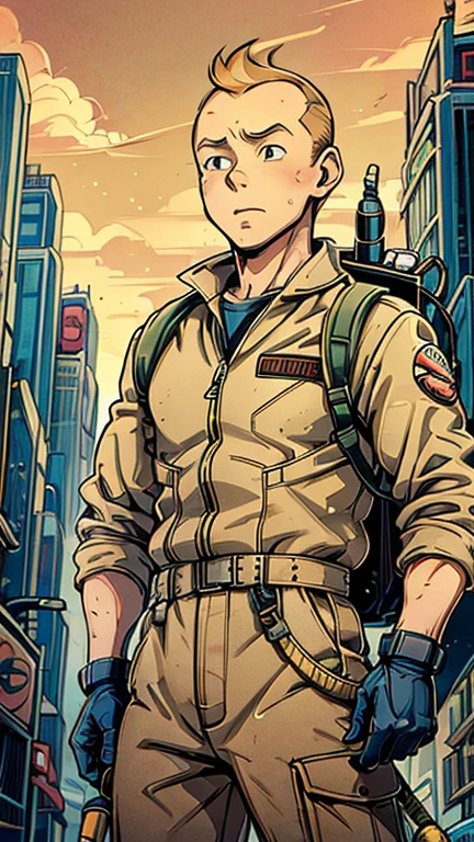 (Teens:1boy: Tintin,ghostbuster uniform), (extremely detailed CG unit 8k wallpaper),(master part), (best quality), (ultra detali), (best illustration),(melhor ombre), cowboy shot, (Sharp eyeliner, ombre, detailedeyes:1), Tokyo City background, ,break , (star15escola:1.2), upper body,short hair, grey hair, 1man, Tintin,1boy, blue top, brown pant, protopack