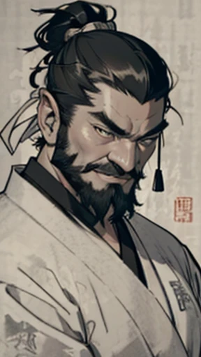 (((Monochrome)))、(((Ink Painting)))、Line art、Oriental、Ultra-high resolution、Game Poster、Crisp and beautiful image quality、beard、ancient chinese hairstyle male、Embroidered cloth wrapped around a topknot、whole body ,(Ancient Chinese armor, Dragon head on shoulder,(黒beard):1.2), (Ancient Chinese armor with intricate pattern:1.2), gloves, Long trousers, (Very detailed, bloom:1.5), (Highest quality, Concept Art, 4K), (analog:1.2), (high sharpness), (Detailed pupil:1.1), Detailed face and eyes, masterpiece, Highest quality,8k,  (Black Hair, Dynamic Short Hair), (PurerosFace_v1:0.2), [:(Detailed face:1.2):0.2], sharp, Realistic Shadow, 