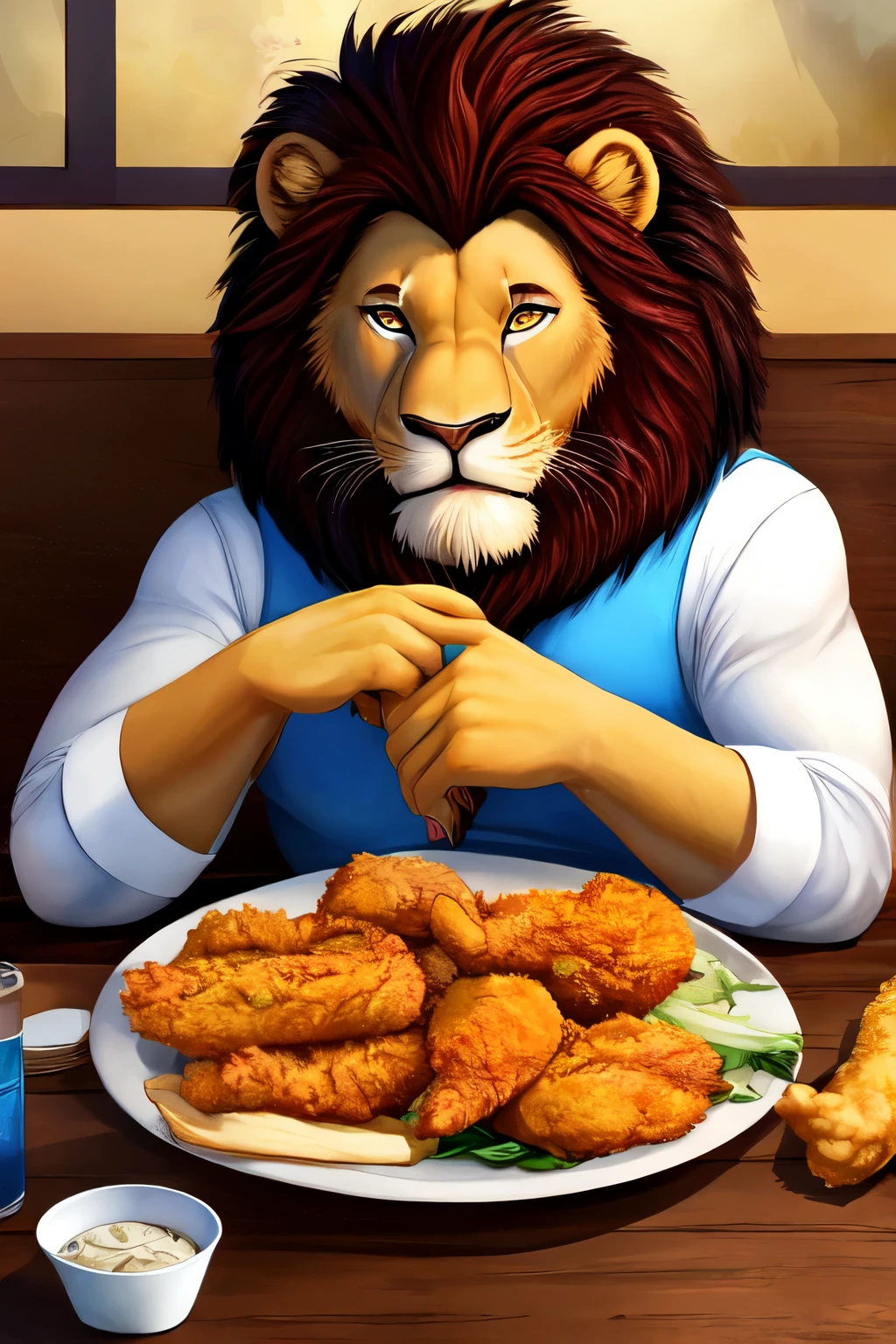 Lion eating fried chicken