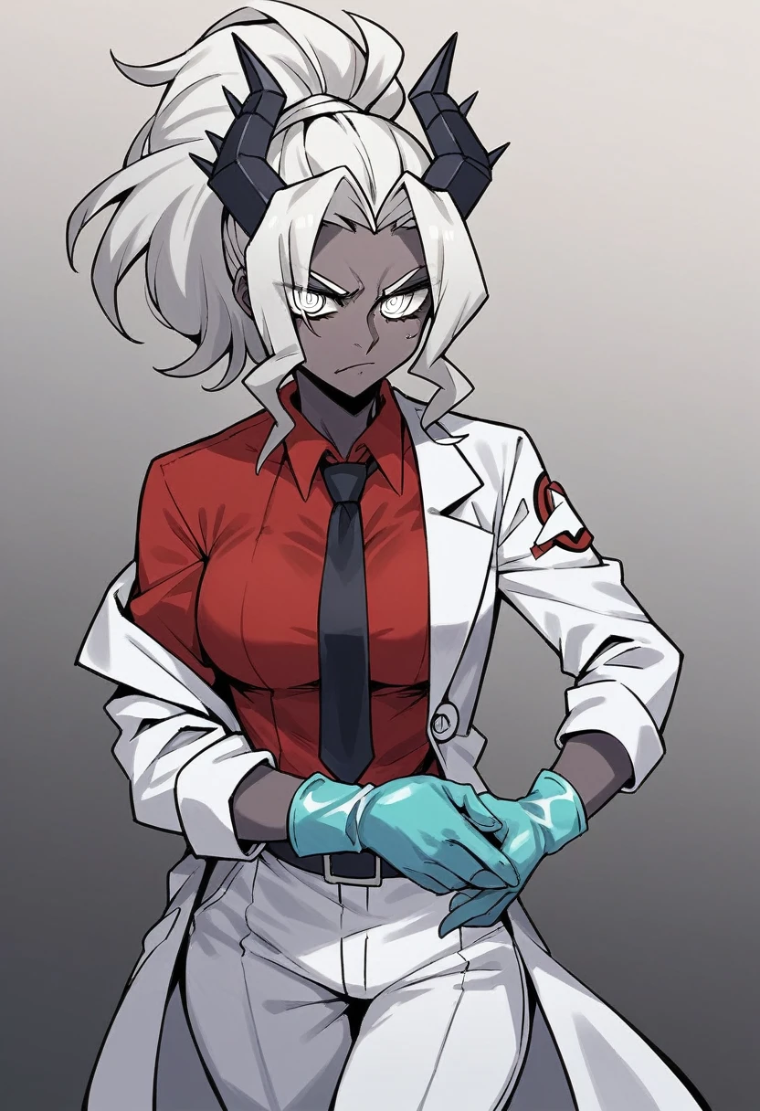 1girl, judgement \(helltaker\), ((blue medical gloves)), ((surgical gloves)), ((latex gloves)), ((long sleeves)), looking at viewer, ((white doctor outfit)), red shirt, black tie, pants, standing, solo