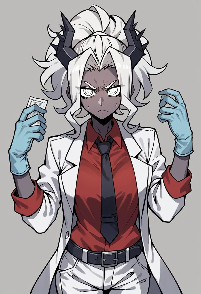 1girl, judgement \(helltaker\), ((blue medical gloves)), ((surgical gloves)), ((latex gloves)), ((long sleeves)), looking at viewer, ((white doctor outfit)), red shirt, black tie, pants, standing, solo