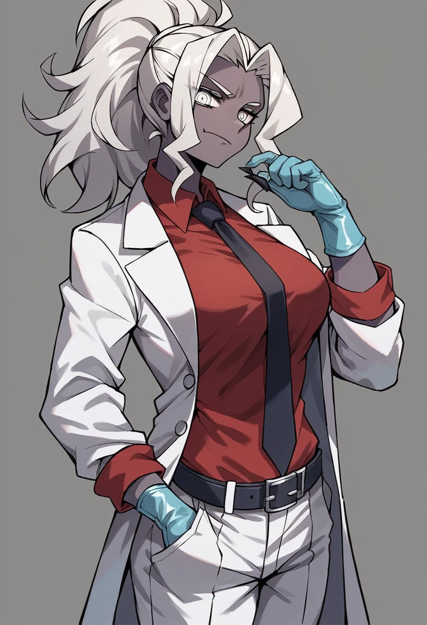 1girl, judgement \(helltaker\), ((blue medical gloves)), ((surgical gloves)), ((latex gloves)), ((long sleeves)), looking at viewer, ((white doctor outfit)), red shirt, black tie, pants, standing, solo
