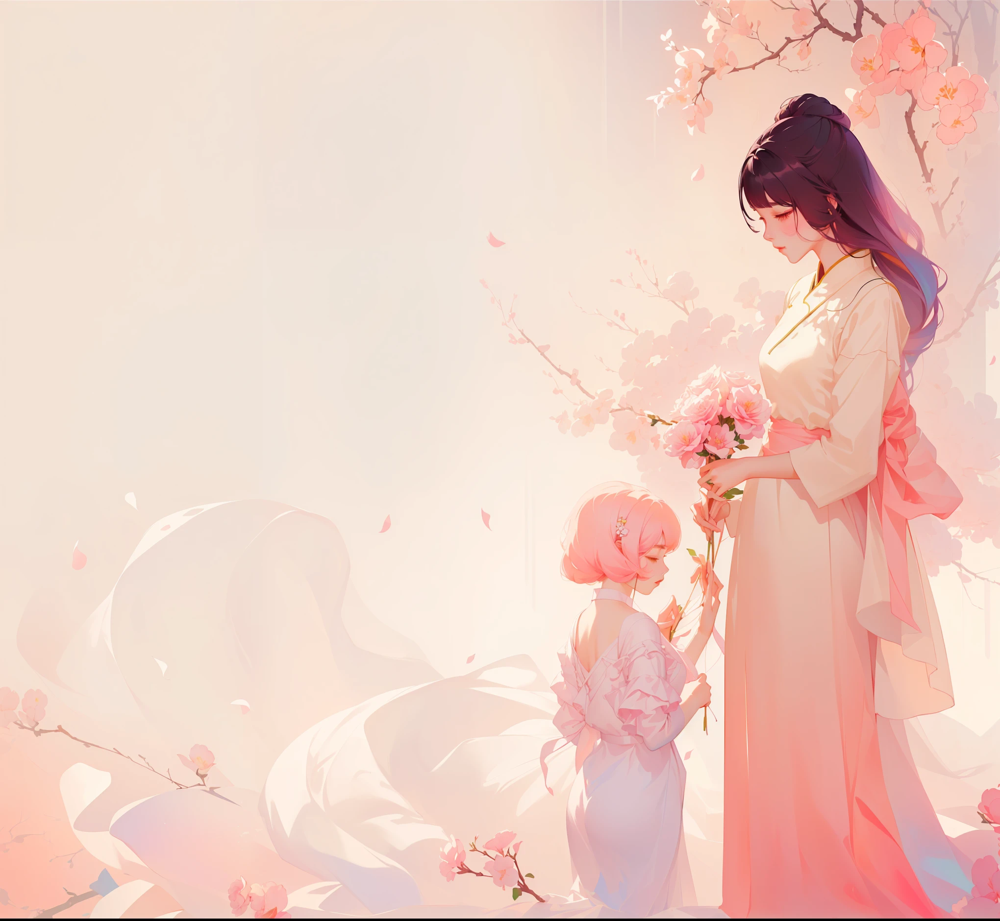 (masterpiece, top quality, best quality, Extremely detailed details, official art, Light Effect, Beauty and aesthetics: 1.2,)Painting of a mother and her daughter among flowers, inspired author Hsiao-Ron Cheng, inspired by Yanjun Cheng, guweiz style artwork, Pastel style, Elegant Numbers, yanjun chengt, by Yanjun Cheng, author:Cold plum, author Hsiao-Ron Cheng, Beautiful digital illustrations