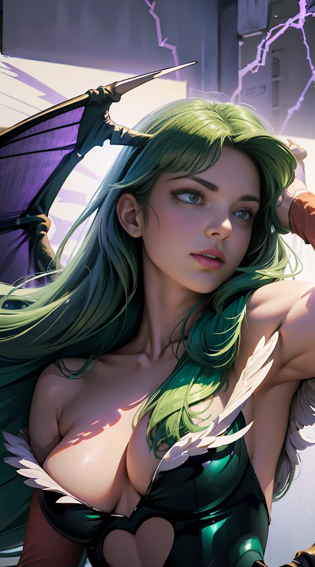 Maximum quality、Masterpiece artwork、super high resolution、(photorrealistic:1.4)、1 girl、Bright green long hair、slickedback hair, shiny and clean hair、(greeneyes), White and glowing skin、Sexy cyberpunk girl、((super realistic details))、ombre、octane rendering、ultra-sharp、hyper-detailed face、Fiberglass、Luminous tube、highly intricate details、Realistic Lumiere、CGSoação Trends、(greeneyes)、(Facing the camera)、neon details、Purple bat wings on the back, small bat wings on the head, mechanical cervical fixation to the neck、wires and cables connected to the head、((Valkyrie))、((Beam cannon))、Combat posture、((seductively pose:0.8))、(Lumiere_ssmile:1.0)、whole body、