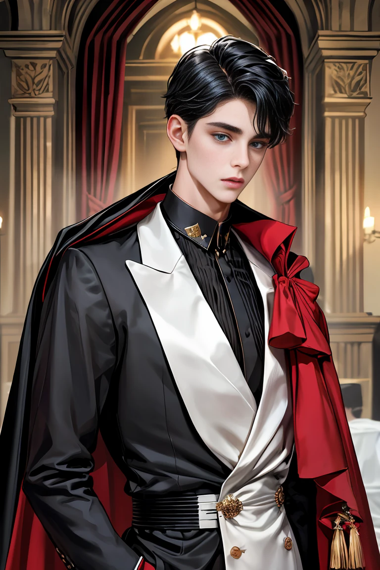 masterpiece, 最high quality, high quality, 1 boy, alone, Male focus, Watching the audience, Messy black hair, Adorable big blue eyes, White, Noble, Noble,A black and red cape that is bursting with sexy volume、Tuxedo、A very voluminous, large, very large, very large, long, long red and black cape with a high stand-up collar, made of a lot of fabric that reaches down to the floor., 17 years old,Cute beautiful boys,Cute, cute, kind, handsome guy