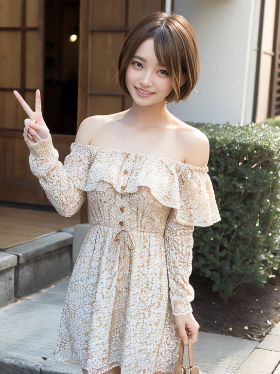 Smiling girl, (1 female), Short Bob Hair, 28 years old, Japanese, Brown eyes, Brown Hair, Slim figure, Mid-chest,
Off-the-shoulder dress,In town,peace sign