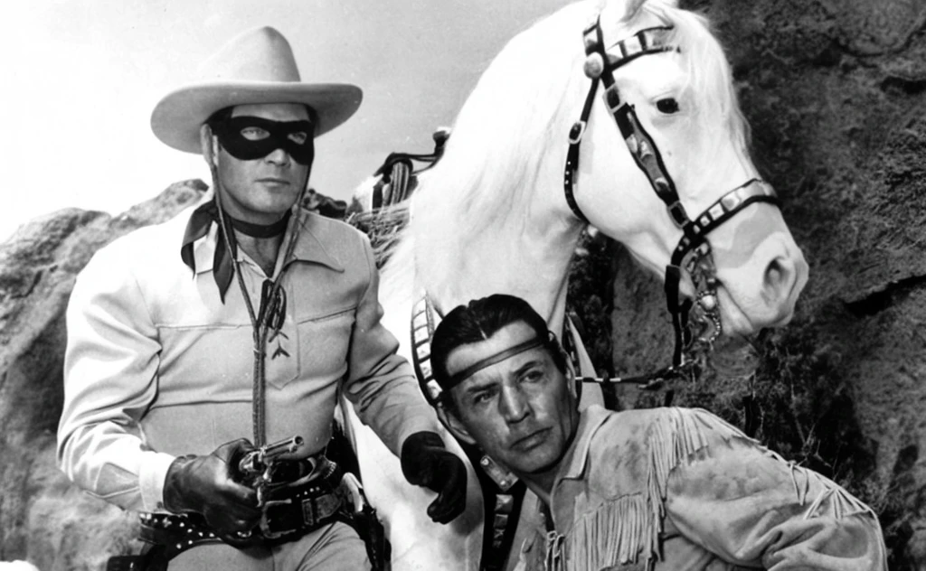 arafed man in a cowboy outfit and a man in a cowboy hat pose with a horse, lone ranger, western film, space western, western, sci-fi classic, [ western film ], slide show, tv still, an epic western, 1970s film, 1959, badass composition, 1961, 1961