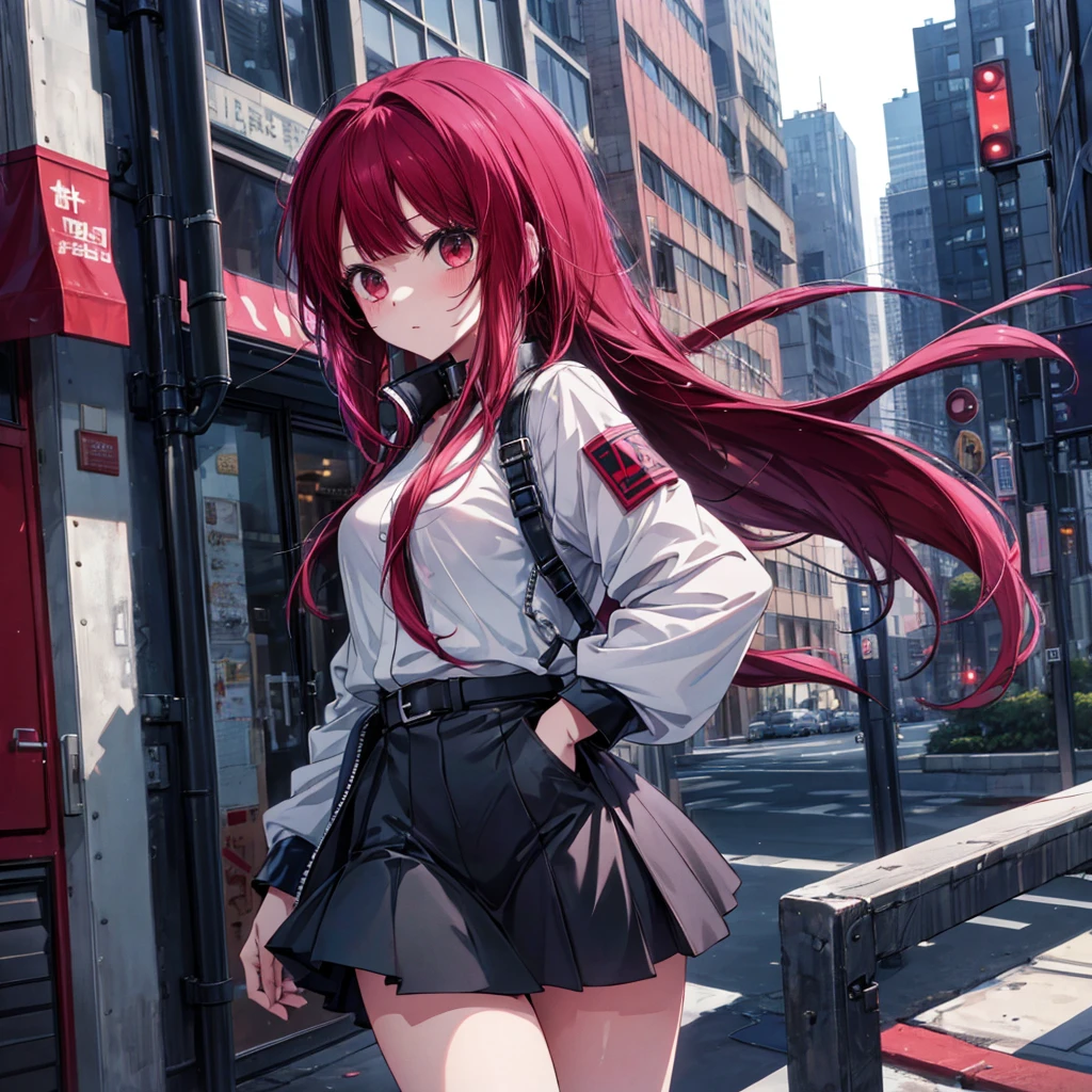 ((masterpiece,Highest quality, High resolution)), Anime girl standing on a city street wearing a leather skirt and black erotic underwear, Long Hair,Cyberpunk anime art