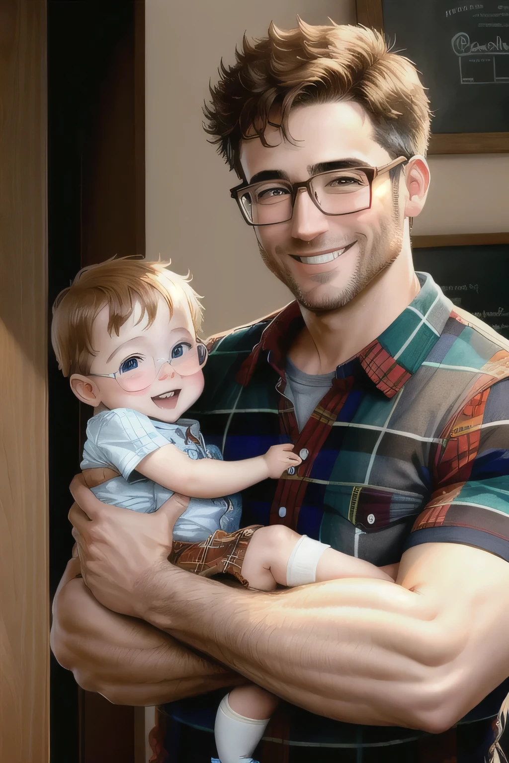 Adult man smiling with with baby on lap, brown glasses, wearing black t-shirt plaid shirt