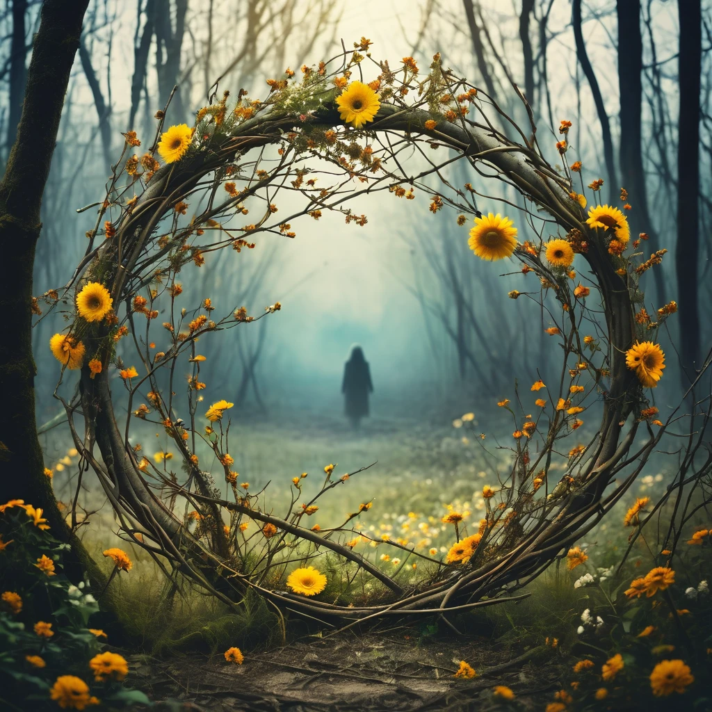 Make a dreamy mysterious horror style image, center of image made by symbolic signs made from branches and flowers. Center symbolizing neglection, abandonation, decay. Around the center circle make colerfull image symbolize nature and life,