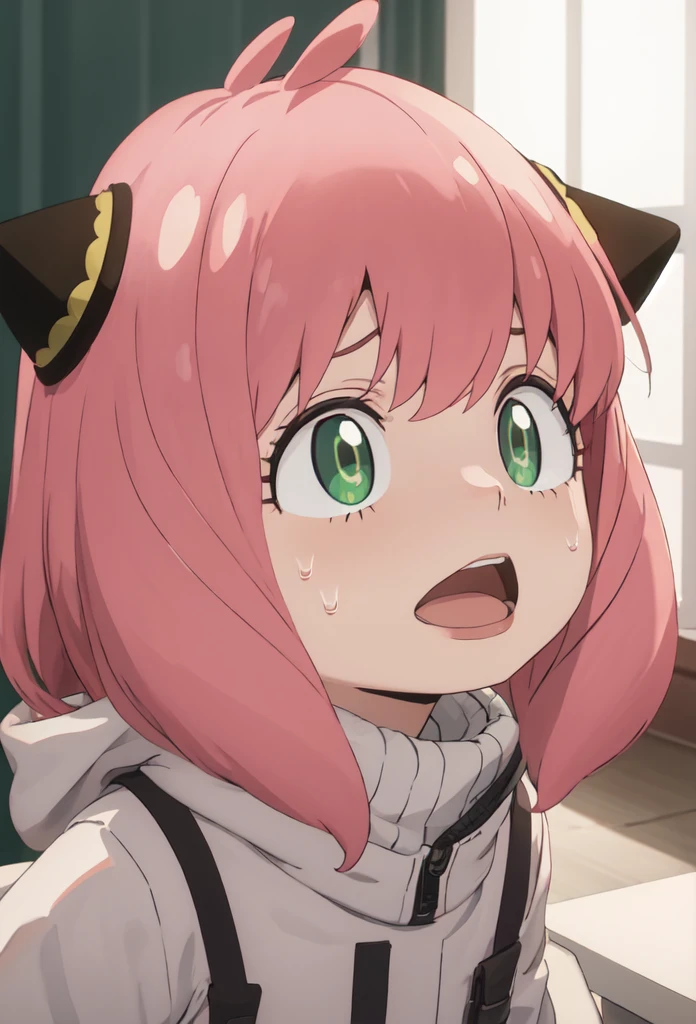 best quality, masterpiece, highres, solo, (anya_forger_spyxfamily:1.10), 1girl, , meme, wide-eyed, hairpods, open mouth, sweat, constricted pupils, scared, scene reference, anime_style, 16