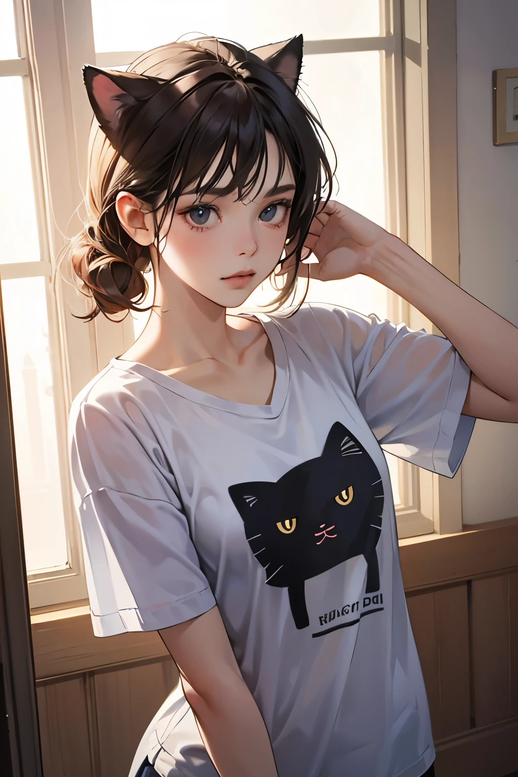 Best quality, best resolution, detailed depiction, delicate depiction, diverse lighting, masterpiece, ultra-high resolution, photorealistic, best quality, 8K, perfect, a girl who is too cute like a cat, her pose is like an animal, a loose T-shirt,
