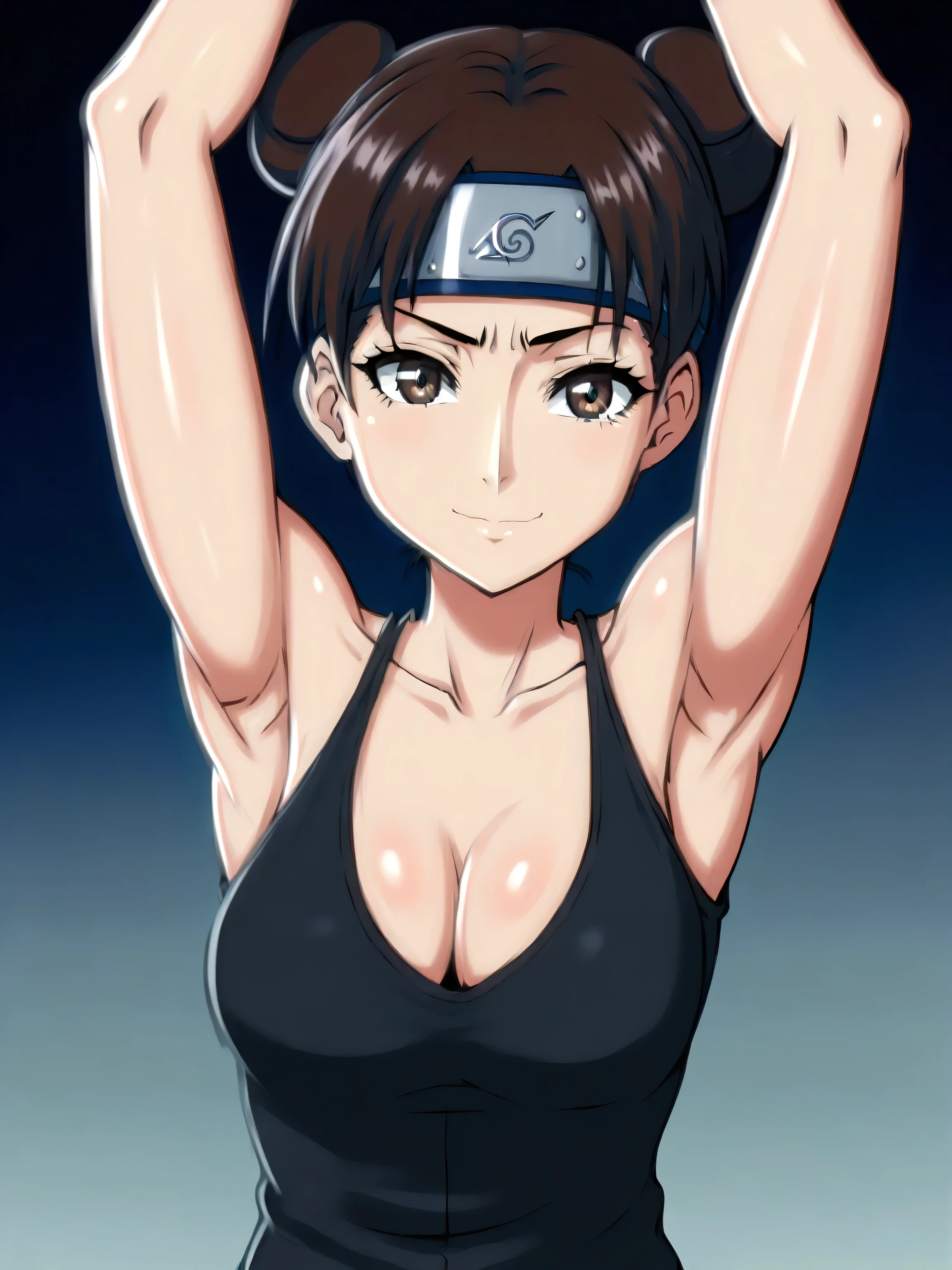 forehead protector, konohagakure symbol, ytenten, brown eyes, brown hair, short hair, double bun, tank top, black tank top, cleavage, collarbone, sleeveless, bare shoulders, bare arms, 1girl, solo, anime screencap, frontlighting, (simple background, black background, dark background:1.3), masterpiece, absurdres, hdr, soft light, best quality, detailed, highres, shiny skin, shiny hair, (looking at viewer, eye contact with viewer:1.3), (smile:1.2), closed mouth, (smug:0.8), light blush, arms up, raised arms, armpits, in the center, symmetrical, upright, score_8_up, score_7_up