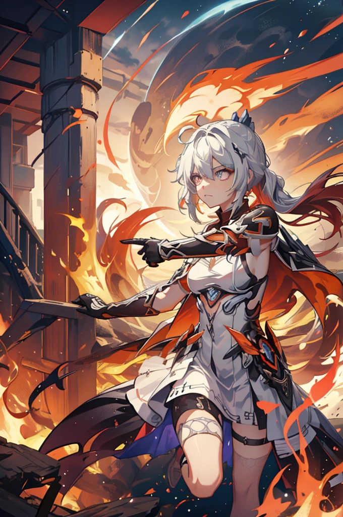 1 girl, Kiana, is a fiery and fierce warrior, known for her striking appearance and unmatched combat skills. She is often surrounded by a fiery aura, reflecting her inner intensity and passion. With her trusty sword and shield, she charges into battle, leaving a trail of flames in her wake. As a guardian of the realm, she wields the power of flame and light, illuminating the path for those she protects. Though her fierce exterior may intimidate, her kind heart and unyielding dedication to justice inspire loyalty and respect from her allies.
