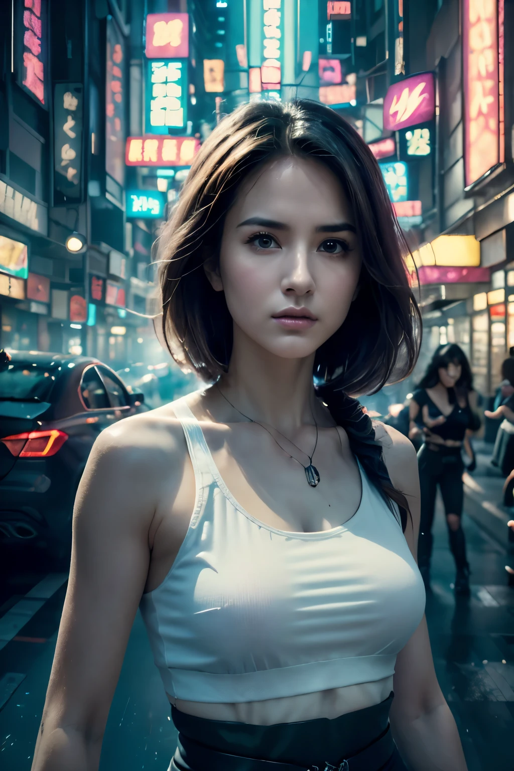 Beautiful woman, Antihero dressed in black and purple, Laser katana in hand, White skin, Black long hair, portrait, Jeff Bridges, ((Cartoon Style)), Marvel Universe Style, (((The story is set in a cyberpunk city))), Soft bokeh of futuristic city, Altai Galen, Jeremy Mann, Greg Manzies, Antonio Moro, Popular on artstation, Trending in cgsociety, Wheel within a wheel, High Detail, Be focused, Dramatization by Midjourney and Greg Rutkowski、Realistic artwork, Blurred Background