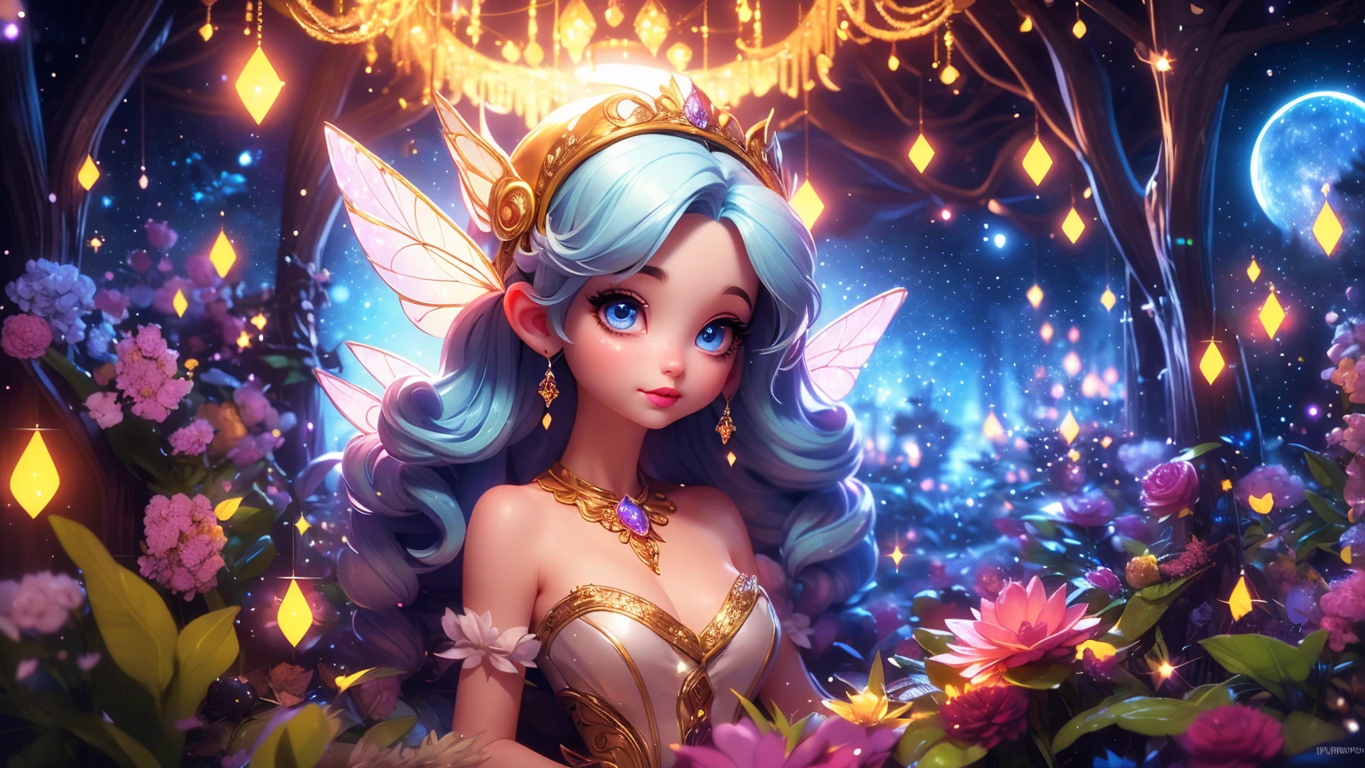 a young girl, beautiful detailed eyes, beautiful detailed lips, extremely detailed eyes and face, long eyelashes, beautiful fantasy fairy, magical fairy wings, glowing ethereal light, whimsical fantasy landscape, enchanted forest, moonlit night, glowing fireflies, warm color palette, cinematic lighting, digital art, vibrant colors, masterpiece, best quality, 8k, photorealistic, highly detailed