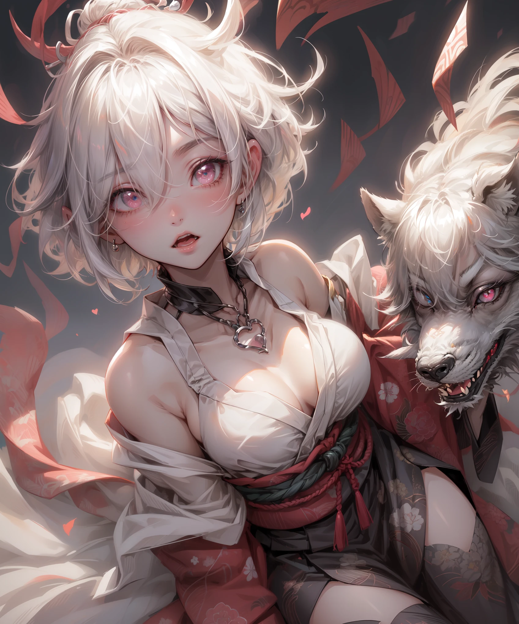 (Highest quality、High resolution、8k、masterpiece)。Look away、Open your mouth、Pink Eyes、Silver Hair、Heart shaped pupil、teeth、tongue、tongueを出す、（Original Character, (1 Girl)、Perfect Face、((short hair:1.2))、(Hair above one eye:1.3)、[[Disheveled Hair]]、Detailed eyes that shine、Light and shadow、Glowing Skin、 (Curvy but slim), ((High angle shot))、Full body、bracelet、necklace、Disheveled clothes、Follow the Silver Wolf、Edo Period、kimono、Shunga、Ukiyo-e、