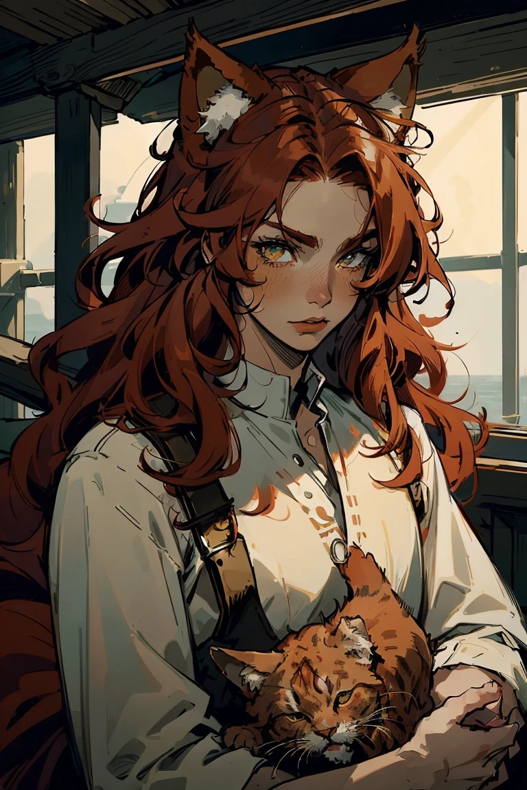 1 boy, upper body, long red fluffy hair, ((red cat ears)), ears covered with hair, green eyes, long eyelashes, beautiful detailed eyes, White shirt, pirate setting, maritime atmosphere, (red cat tail), soft light, beautiful detailed nose, 8 K, masterpiece, I look at the viewer