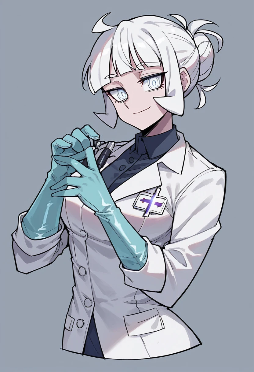 1girl, azazel \(helltaker\), ((blue medical gloves)), ((surgical gloves)), ((latex gloves)), ((long sleeves)), looking at viewer, ((white doctor outfit)), standing, solo