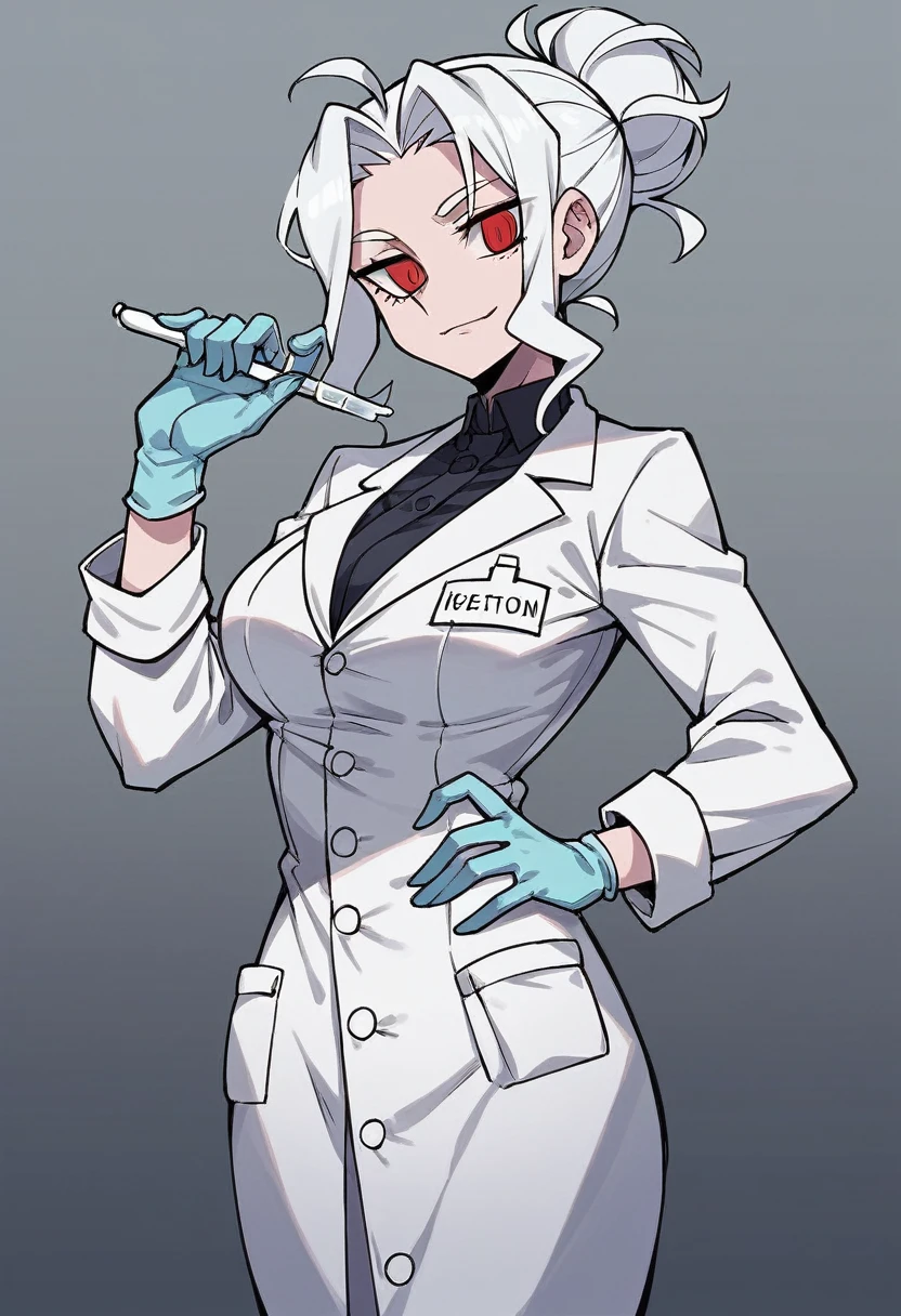1girl, azazel \(helltaker\), ((blue medical gloves)), ((surgical gloves)), ((latex gloves)), ((long sleeves)), looking at viewer, ((white doctor outfit)), standing, solo
