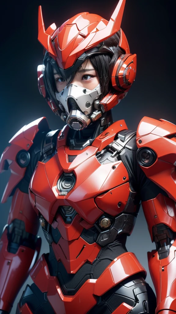 最high quality非常に詳細, Advanced Details, high quality, 最high quality, High resolution, 1080P, hard disk, beautiful,(War Machine),(headgear),See the big picture,beautifulサイボーグ女性,Shining red mecha cyborg girl,BATTLE MODE,Mecha Body Girl　8k bright red body armor　　Sweaty face　pretty girl　short hair　Gas mask with extension nozzle　short hairボーイッシュ　Steam coming out of my head　My hair is wet with sweat　Black Hair, Steam coming out of the mouth　Drooling from the mouth　Full body portrait　syncope　