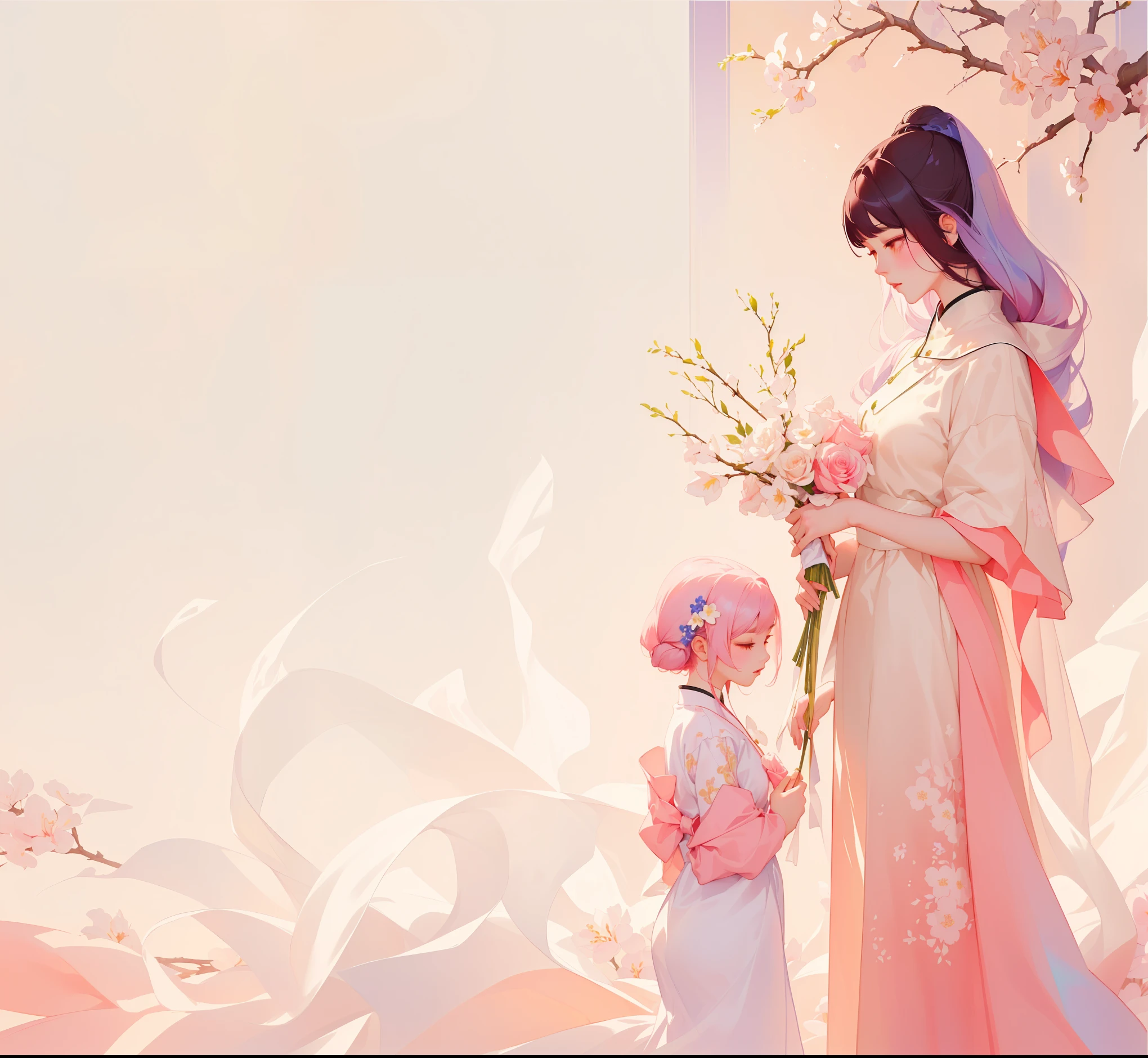 (masterpiece, top quality, best quality, Extremely detailed details, official art, Light Effect, Beauty and aesthetics: 1.2,)Painting of a mother and her daughter among flowers, inspired author Hsiao-Ron Cheng, inspired by Yanjun Cheng, guweiz style artwork, Pastel style, Elegant Numbers, yanjun chengt, by Yanjun Cheng, author:Cold plum, author Hsiao-Ron Cheng, Beautiful digital illustrations