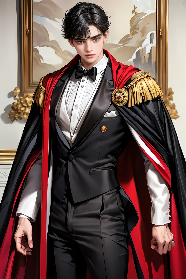 masterpiece, 最high quality, high quality, 1 boy, alone, Male focus, Watching the audience, Messy black hair, Adorable big blue eyes, White, Noble, Noble,A black and red cape that is bursting with sexy volume、Tuxedo、A very voluminous, large, very large, very large, long, long red and black cape with a high stand-up collar, made of a lot of fabric that reaches down to the floor., 17 years old,Cute beautiful boys,Cute, cute, kind, handsome guy