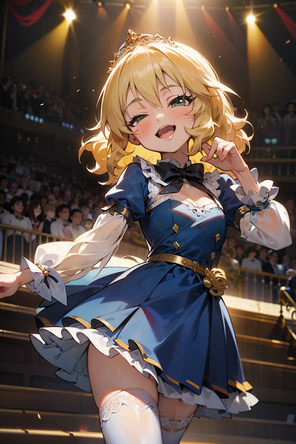 masterpiece,best quality, ultra-detailed,1girl(sakurai momoka, lovely small breasts, wavy hair, long hair, blonde hair, tiara,green eyes, half-closed eyes), smile, open mouth,facing viewer, looking at viewer, head tilt, solo, blue dress, ornate dress, cleavage, see-through, lace, frill, bows, garterbelt, white thighhighs, in the stage, dancing, cute dance, mike grab , sing,singing