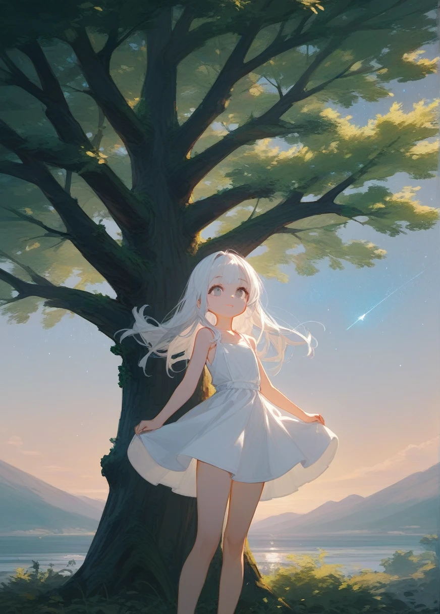The backdrop is urban., perfect white hair girl, in dress, white hair, white hair god, Cute anime waifu in beautiful outfits., gray haired, Best konachan anime wallpaper 4k, small curvy , Guvez บน pixiv artstation, white hair girl, Nightcore, standing on a tree, look up at the stars, Very detailed page