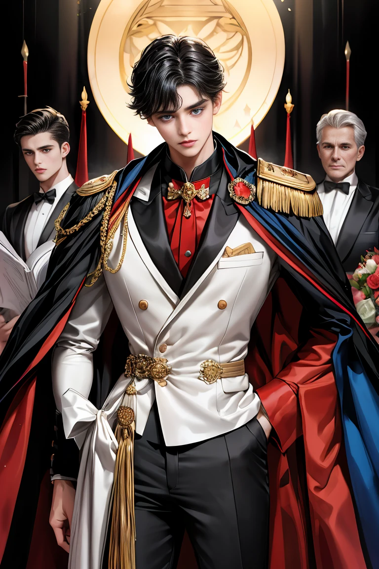 
masterpiece, 最high quality, high quality, 1 boy, alone, Male focus, Watching the audience,  Messy black hair, Adorable big blue eyes, White, Noble, Noble,A black and red cape that is bursting with sexy volume、Tuxedo、A very voluminous, large, very large, very large, long, long red and black cape with a high stand-up collar, made of a lot of fabric that reaches down to the floor., ,Cute beautiful boys,Cute, cute, kind, handsome guy